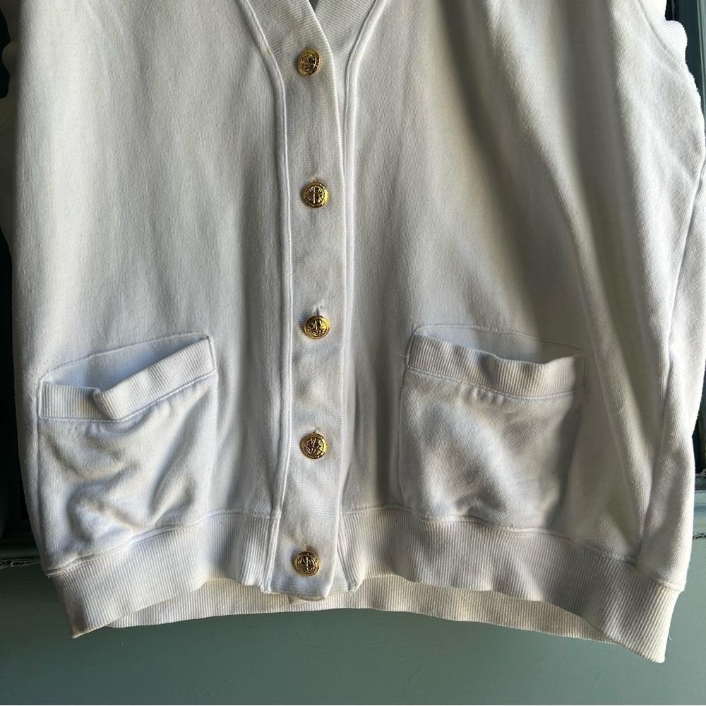 Vintage 80’s 90’s Sleeveless Golf Trophy Cotton Gold Button Up Cardigan White M - Picture 7 of 11